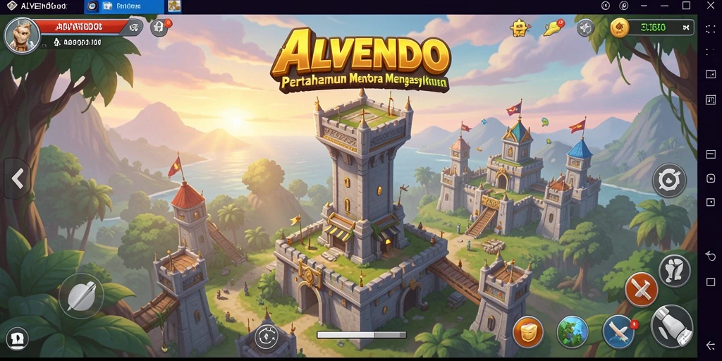 Tampilan gameplay menegangkan di ALVENDO dengan menara yang siap bertahan.