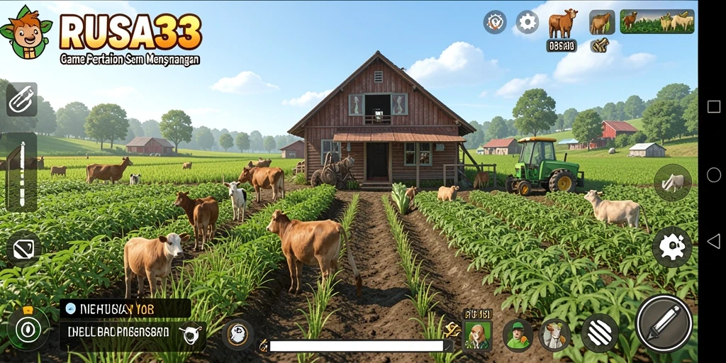 Screenshot RUSA33 menampilkan keseruan bertani dengan berbagai tanaman.