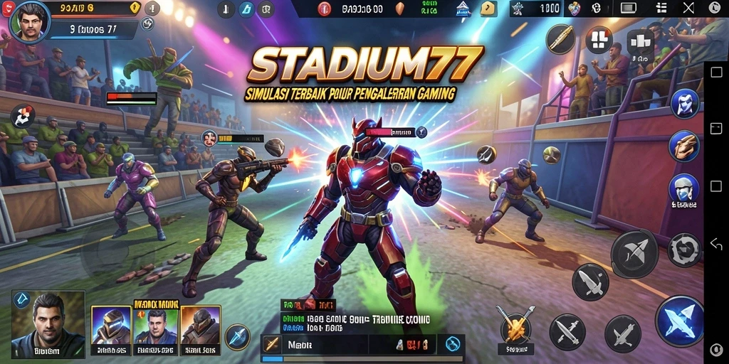 Screenshot utama STADIUM77 menampilkan aksi seru di lapangan stadion.